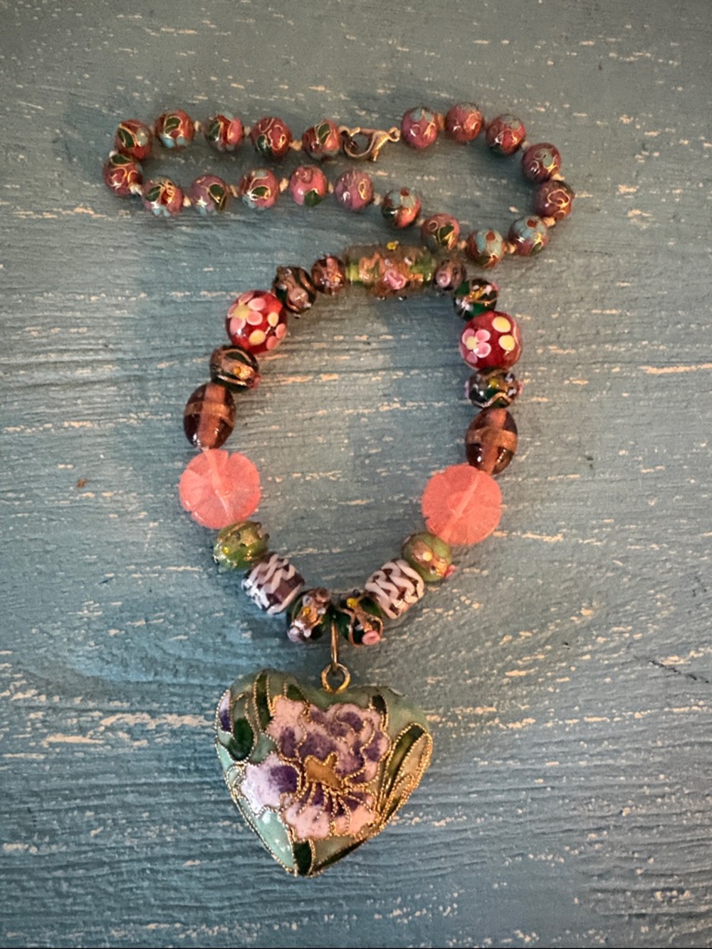 Vintage cloisonné, Venetian glass and lamp work glass bead bracelet